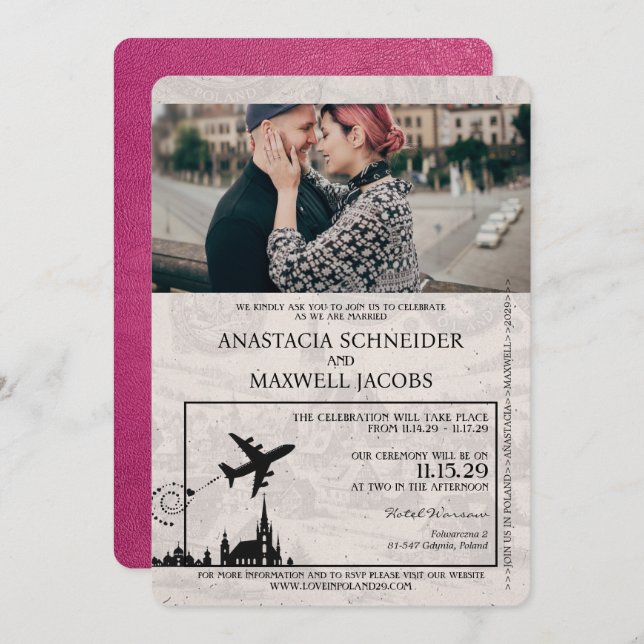Magenta Pink Poland Passport Wedding Invitation (Front/Back)