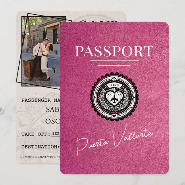 Magenta Pink Puerta Vallarta Passport Save The Date (Front/Back)