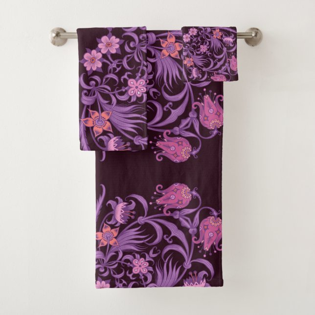 Magenta pink purple artistic mandala bath towel set (Insitu)
