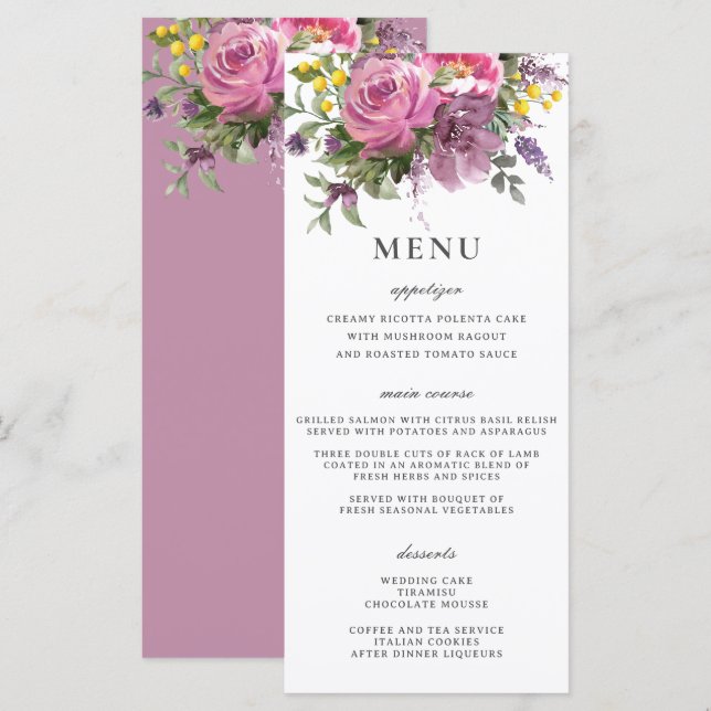 Magenta Pink Purple Floral Boho Slim Wedding Menu (Front/Back)