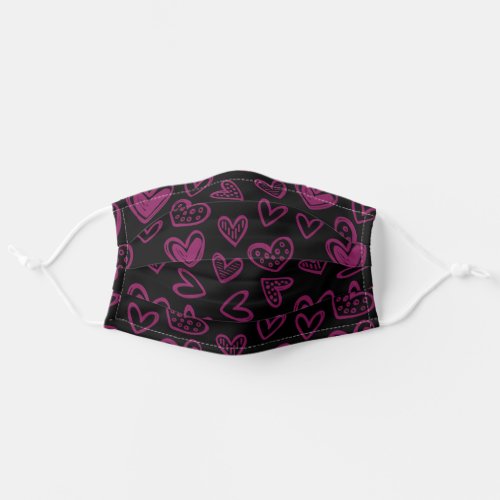 Magenta Pink Purple Hearts Sketch Solid Black Adult Cloth Face Mask