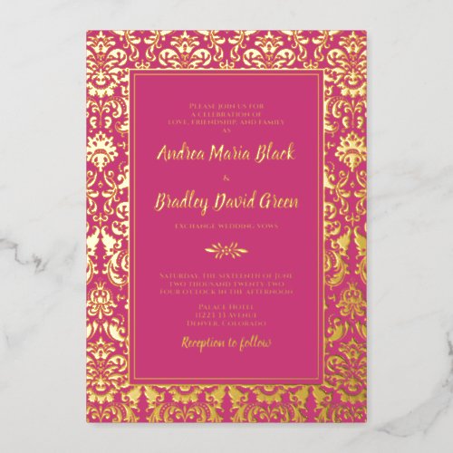 Magenta Pink Real Gold Foil Damask Wedding Foil Invitation