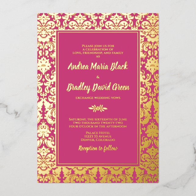 Magenta Pink Real Gold Foil Damask Wedding Foil Invitation (Front)