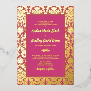 Magenta Pink Real Gold Foil Damask Wedding Invitation