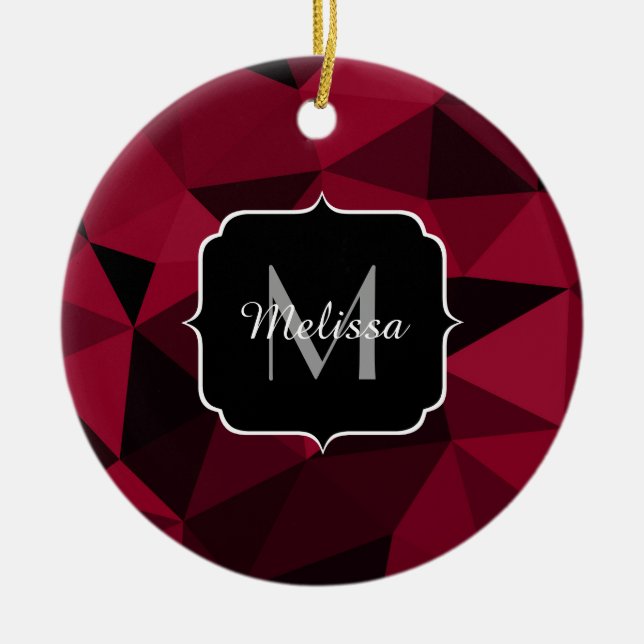 Magenta pink red black geometry pattern Monogram Ceramic Ornament (Front)