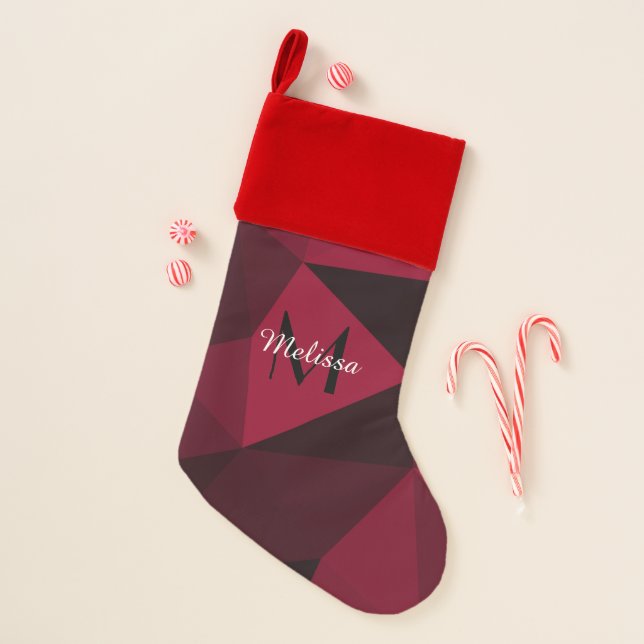 Magenta pink red black geometry pattern Monogram Christmas Stocking (Front)
