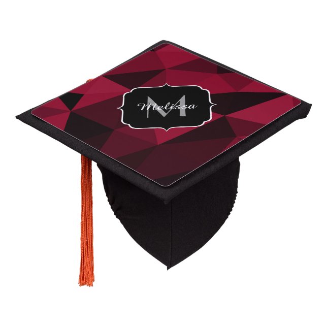 Magenta pink red black geometry pattern Monogram Graduation Cap Topper (Angled)