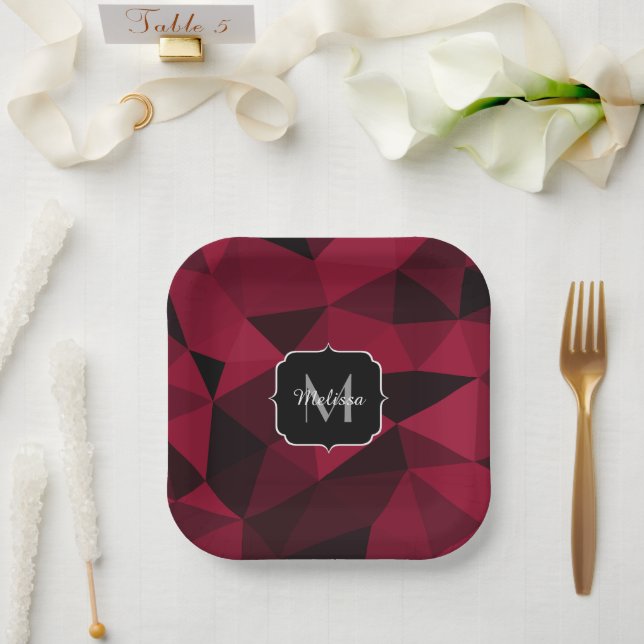 Magenta pink red black geometry pattern Monogram Paper Plates (Wedding)