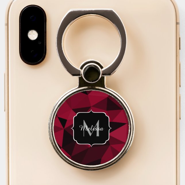 Magenta pink red black geometry pattern Monogram Phone Ring Stand (Close Up)