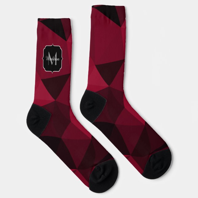 Magenta pink red black geometry pattern Monogram Socks (Right)