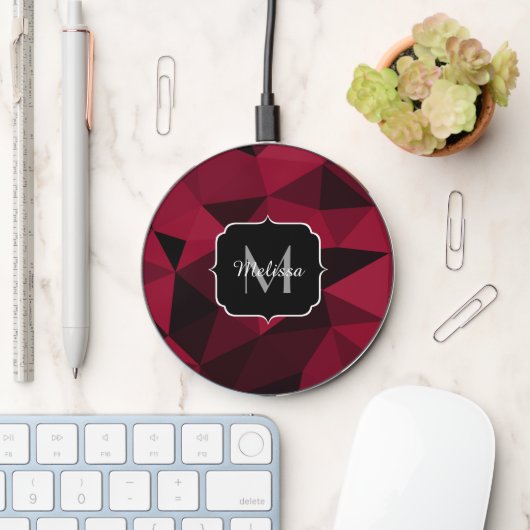 Magenta pink red black geometry pattern Monogram Wireless Charger (Desk)