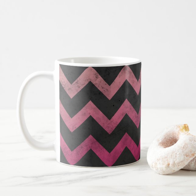 Magenta pink red ombre dark gray chevron pattern coffee mug (With Donut)
