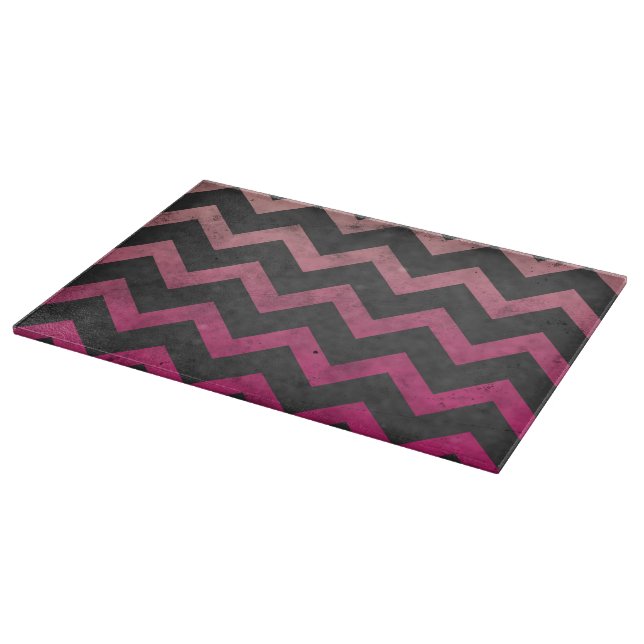Magenta pink red ombre dark gray chevron pattern cutting board (Corner)