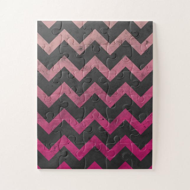 Magenta pink red ombre dark gray chevron pattern jigsaw puzzle (Vertical)