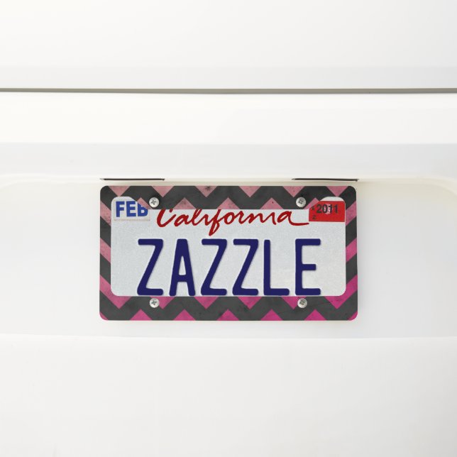 Magenta pink red ombre dark gray chevron pattern license plate frame (On Car)