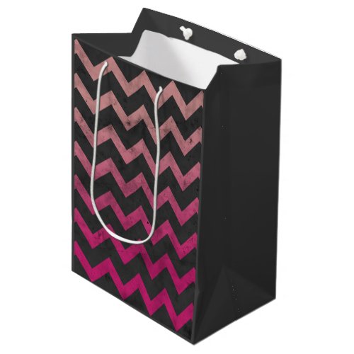 Magenta pink red ombre dark gray chevron pattern medium gift bag