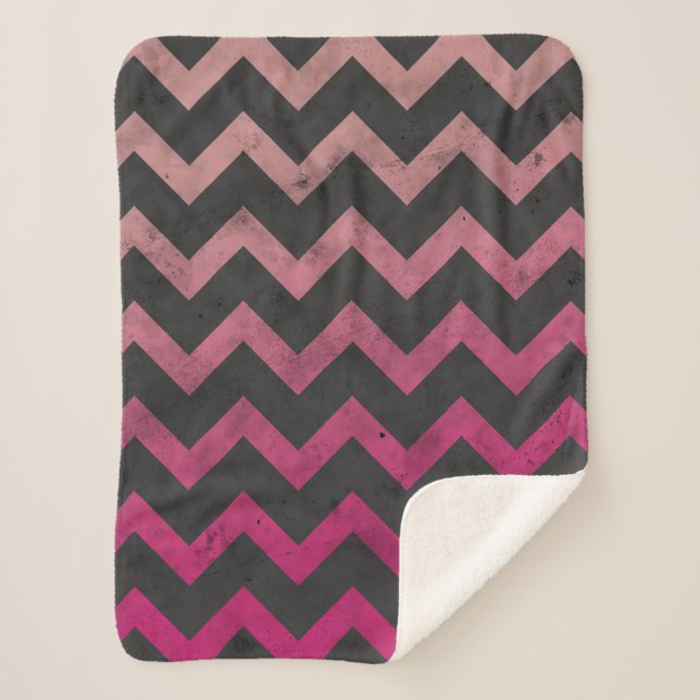 Magenta pink red ombre dark gray chevron pattern sherpa blanket (Front)
