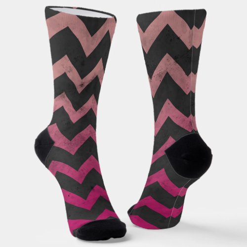 Magenta pink red ombre dark gray chevron pattern socks