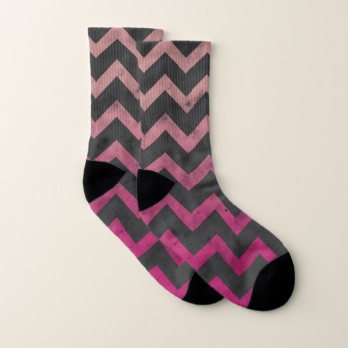 Magenta pink red ombre dark gray chevron pattern socks