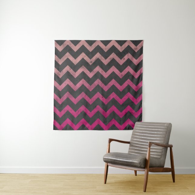 Magenta pink red ombre dark gray chevron pattern tapestry (In Situ)