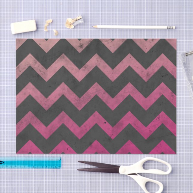 Magenta pink red ombre dark gray chevron pattern tissue paper (Craft)
