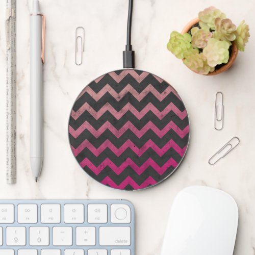 Magenta pink red ombre dark gray chevron pattern wireless charger 