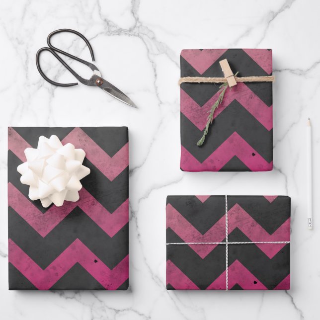 Magenta pink red ombre dark gray chevron pattern wrapping paper sheets (Front)