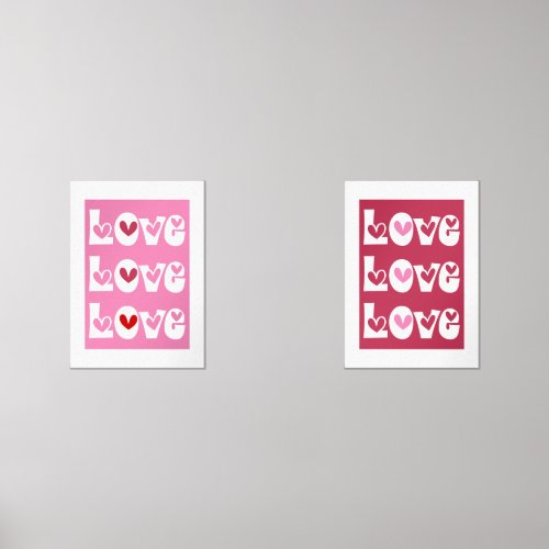 Magenta pink retro LOVE typography with hearts Wall Art Sets