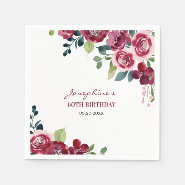 Magenta Pink Rose Floral Greenery Birthday Napkins (Front)