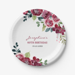 Magenta Pink Rose Floral Greenery Birthday Paper Plates