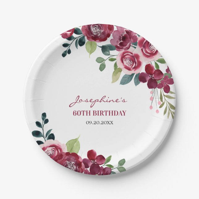 Magenta Pink Rose Floral Greenery Birthday Paper Plates (Front)