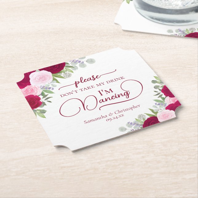 Magenta & Pink Roses Don't Take My Drink Wedding Paper Coaster (Angled)