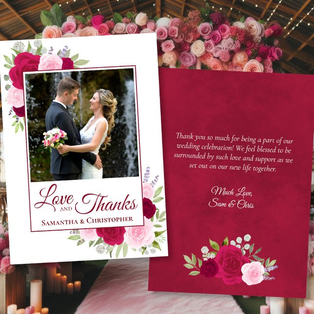 Magenta Pink Roses Love Thanks Wedding Photo Note Thank You Card (Front/Back)