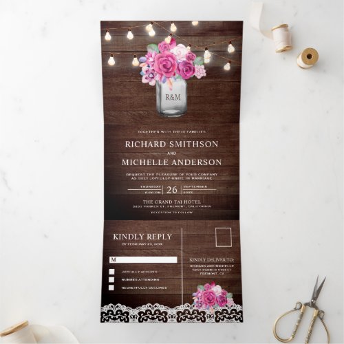 Magenta Pink Roses Mason Jar String Lights Wedding Tri_Fold Invitation