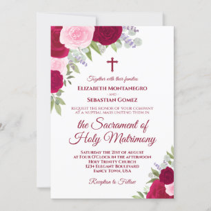Magenta & Pink Roses Modern Catholic Wedding Invitation