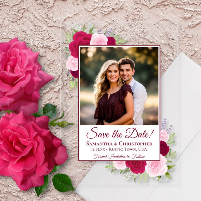 Magenta Pink Roses & Photo Wedding Save the Date (Clear Acrylic with Rectangle Cut)