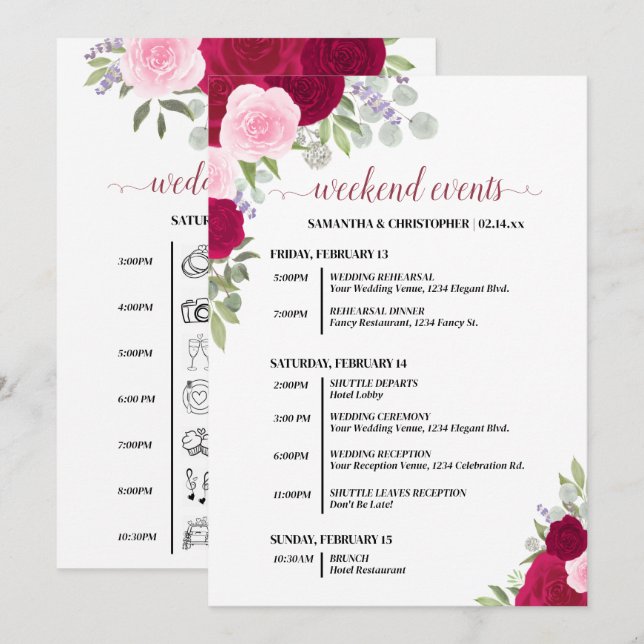 Magenta & Pink Roses Wedding Events & Timeline Program (Front/Back)