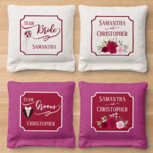 Magenta & Pink Roses Wedding Team Bride & Groom Cornhole Bags