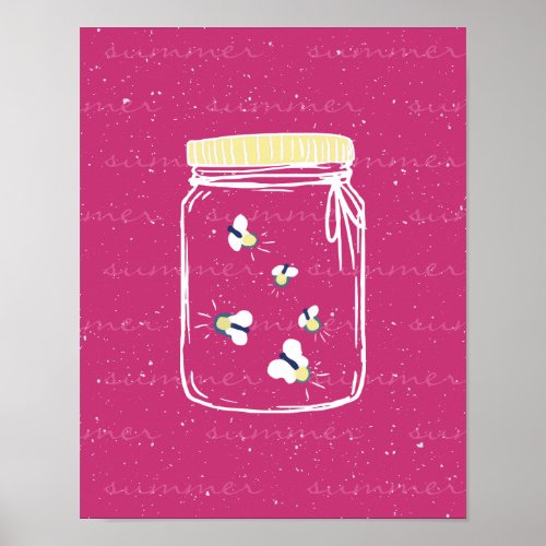 Magenta Pink Rough Sketch Fireflies in Mason Jar Poster