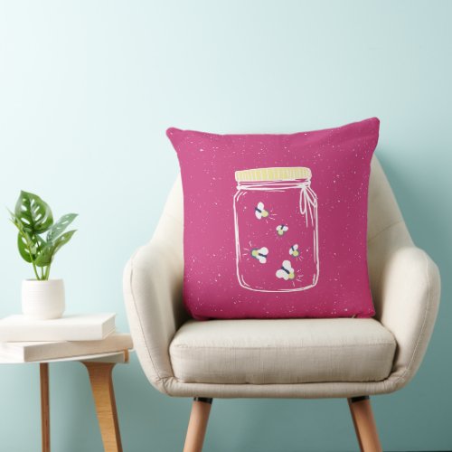 Magenta Pink Rough Sketch Fireflies in Mason Jar Throw Pillow