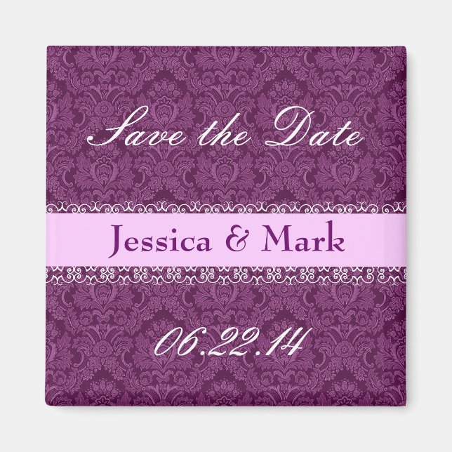Magenta & Pink Save Date Damask Wedding Magnet (Front)