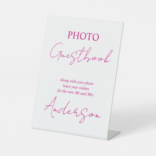 Magenta pink script calligraphy photo guestbook pedestal sign