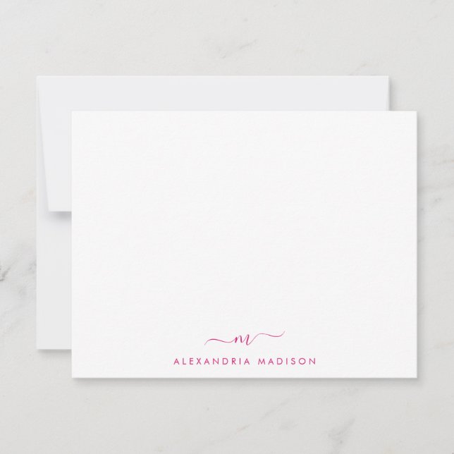 Magenta Pink Script Monogram Cute Swash Stationery Note Card (Front)