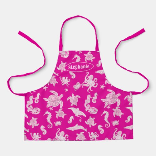 Magenta Pink Sealife Pattern Kids Apron