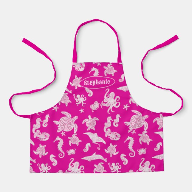 Magenta Pink Sealife Pattern Kids Apron (Front)