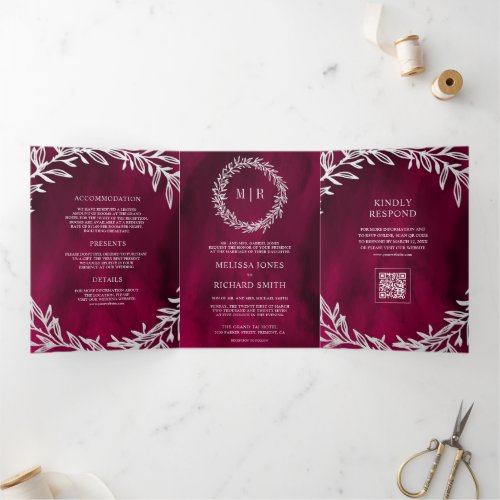 Magenta Pink Silver Leaf Branch QR Code Wedding Tri-Fold Invitation