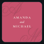 Magenta Pink Simple Elegant Monogram Wedding Square Sticker<br><div class="desc">A simple modern minimalist design with an elegant edge, this unique sticker design features beautiful calligraphy script monograms of the bride and groom on alternate corners. The bride and groom's names are centered with a clean classic look on a vibrant magenta pink background with ivory text. Replace the sample text...</div>