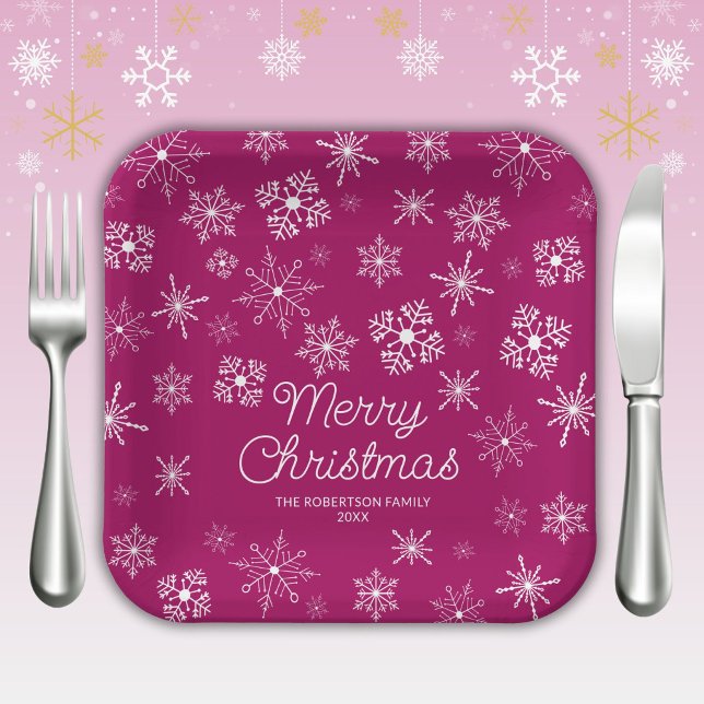 Magenta Pink Snowflakes Christmas Party Paper Plates (Creator Uploaded)