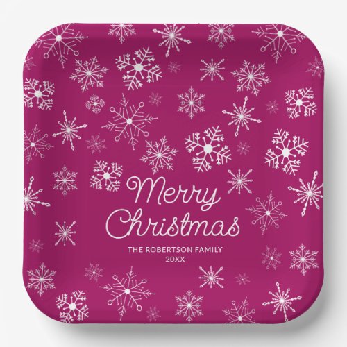 Magenta Pink Snowflakes Christmas Party Paper Plates