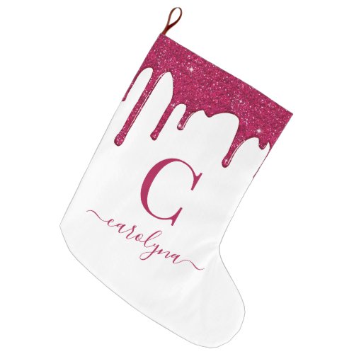 Magenta Pink Sparkle Glitter Drips Monogram Large Christmas Stocking